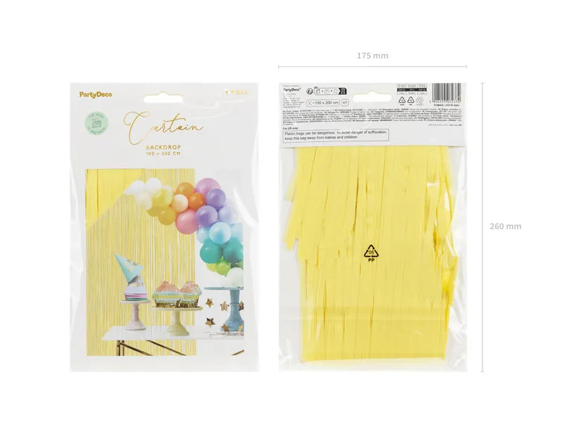 “Light yellow foil fringe party curtain in package”