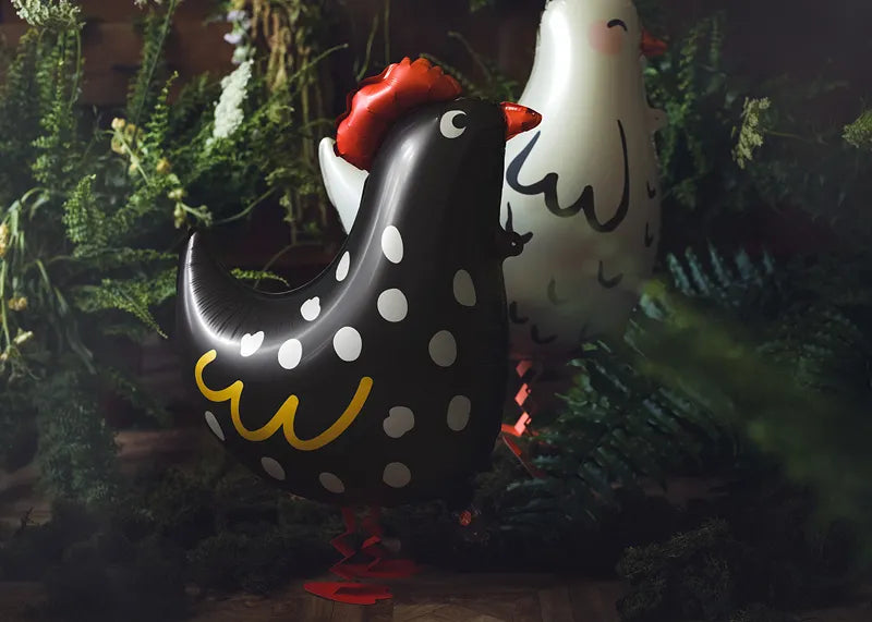 Black foil rooster balloon with red comb for farm-themed parties