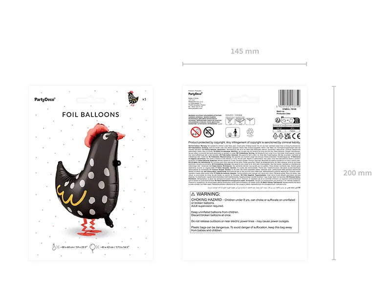 Black foil rooster balloon with red comb for farm-themed parties