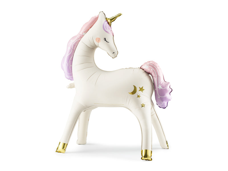 Standing foil unicorn balloon with golden horn and pastel mane for parties