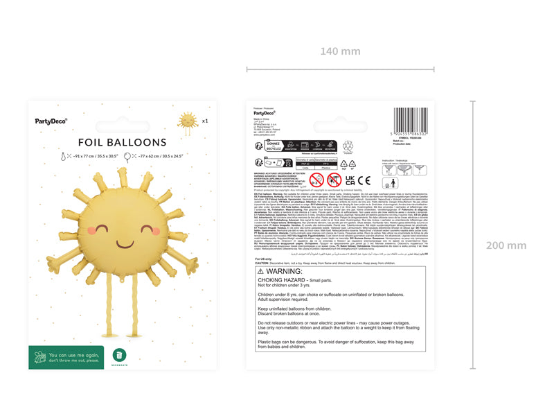 Foil Balloon Sun with smiling face for parties