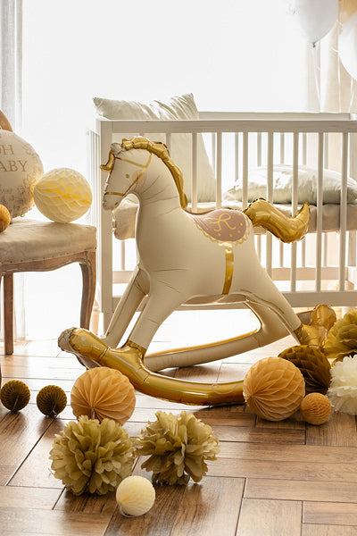Foil Balloon Rocking Horse in white and gold for baby shower decoration