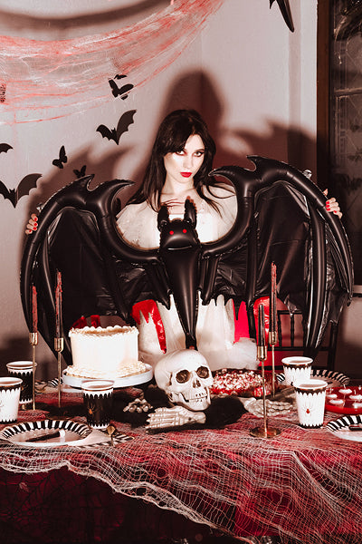 Black foil bat balloon with red details for Halloween party decoration