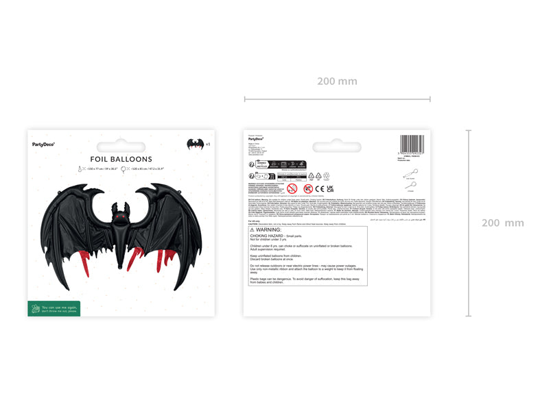 Black foil bat balloon with red details for Halloween party decoration