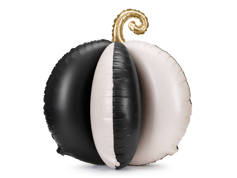 Black and white 3D self-standing foil pumpkin balloon with gold stem, for Halloween and fall décor