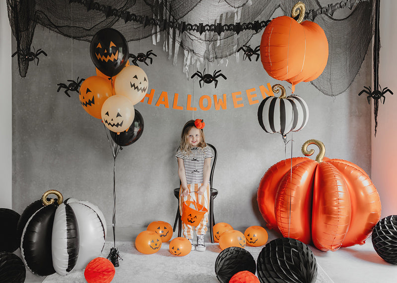 Black and white 3D self-standing foil pumpkin balloon with gold stem, for Halloween and fall décor