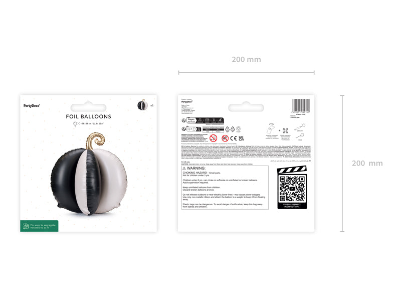 Black and white 3D self-standing foil pumpkin balloon with gold stem, for Halloween and fall décor