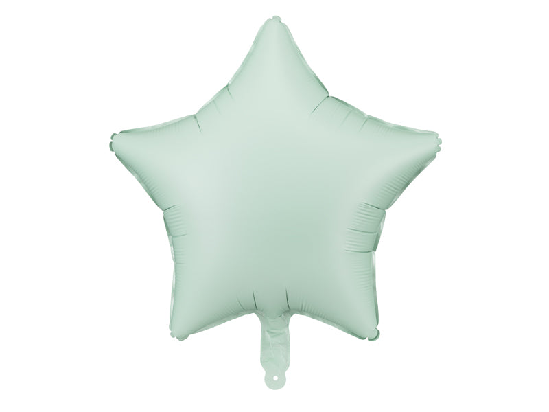 Pastel green foil star balloon isolated on white