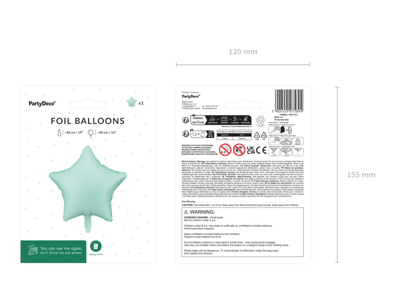 Product packaging and technical details of the green star balloon