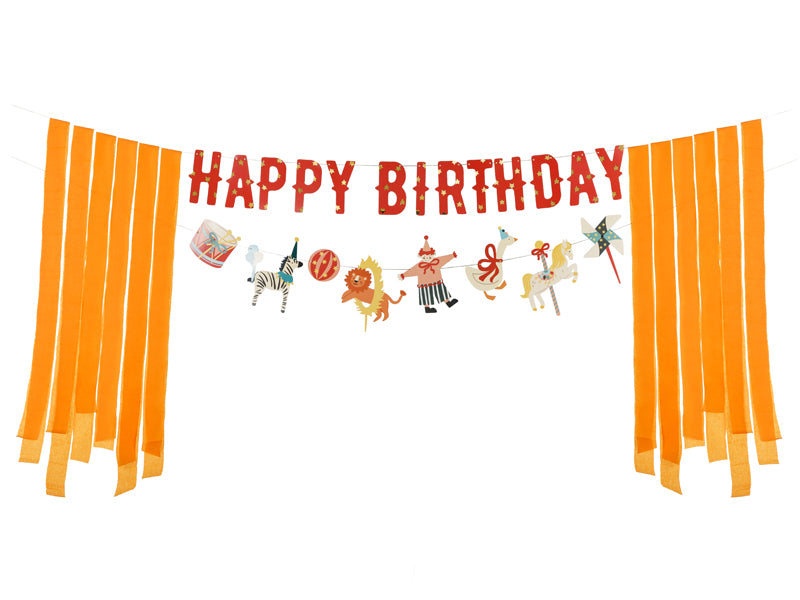 Circus-themed happy birthday banner with colorful animals and letters for party decoration