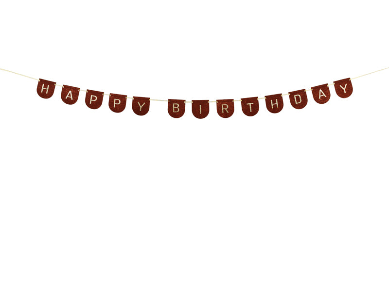 Brown felt happy birthday banner with gold letters for elegant party decoration
