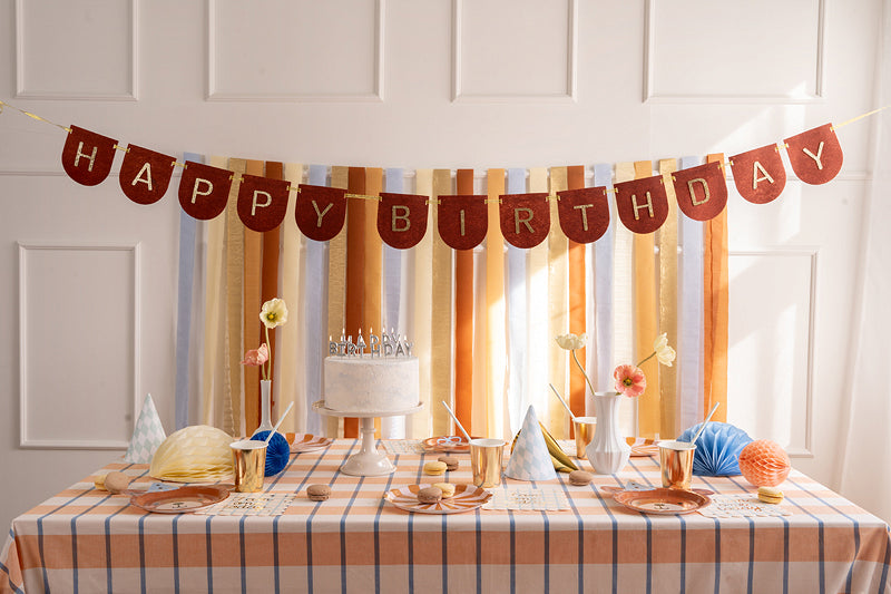 Brown felt happy birthday banner with gold letters for elegant party decoration