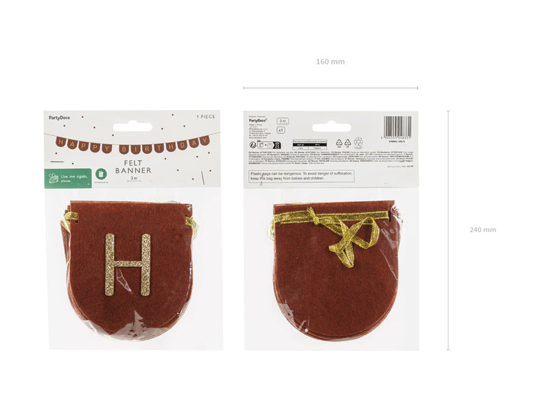 Brown felt happy birthday banner with gold letters for elegant party decoration