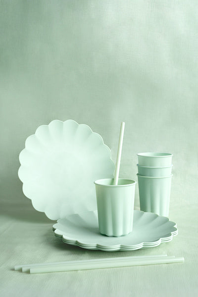 Sage green plastic cup with frill edge for eco-inspired or pastel party decor