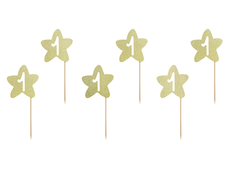 Gold glitter star-shaped cupcake toppers with number 1 for first birthday celebration

