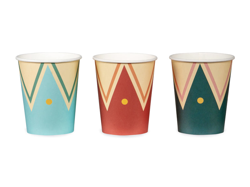 Colorful circus-themed party cups with drum design in red, teal, and navy