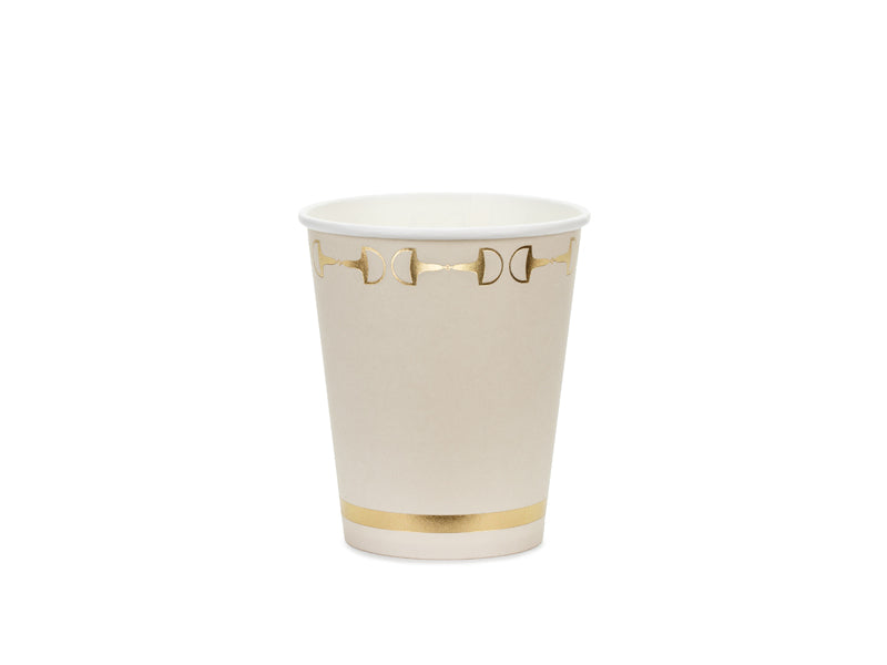 Beige paper cups with gold stirrup design