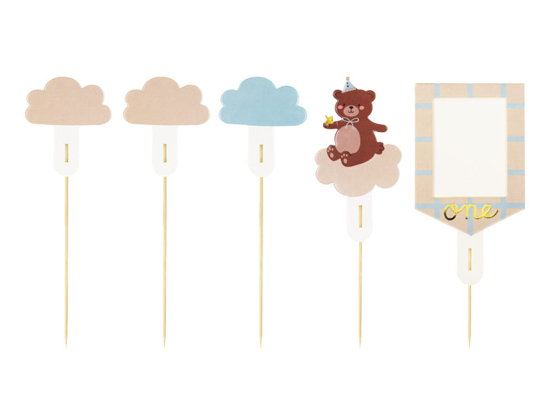Teddy bear and cloud cake toppers in pastel colors for baby shower or birthday party