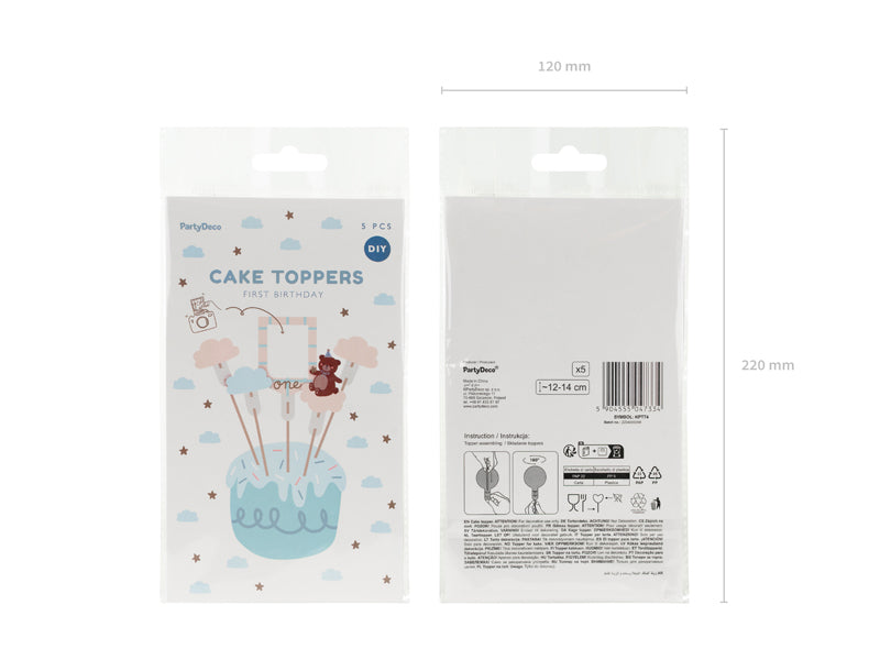 Teddy bear and cloud cake toppers in pastel colors for baby shower or birthday party