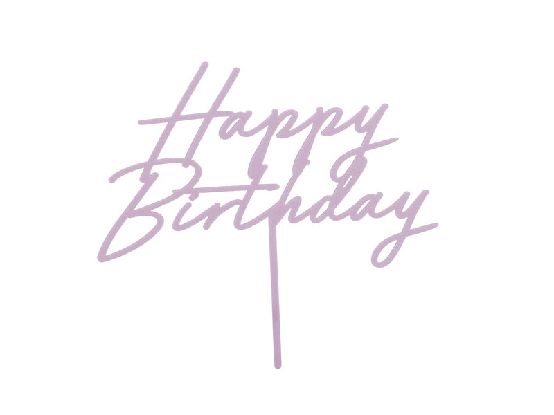 Purple acrylic Happy Birthday cake topper in script font for pastel birthday decoration