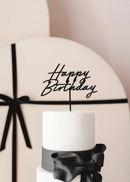 Black acrylic Happy Birthday cake topper in script font for modern birthday decoration