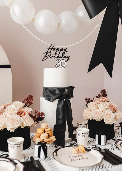 Black acrylic Happy Birthday cake topper in script font for modern birthday decoration