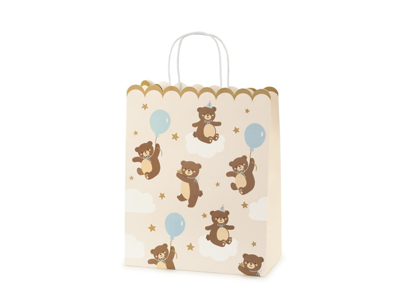 Cream gift bag with teddy bear pattern and handles for baby shower or birthday