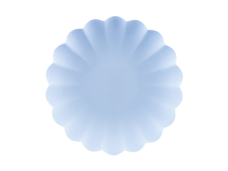 Light blue plastic frill plate with scalloped edge for party or baby shower
