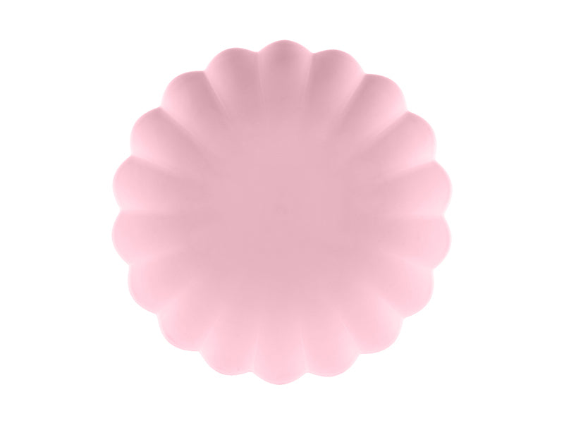 Light pink plastic frill plate with scalloped edge for birthday or baby shower