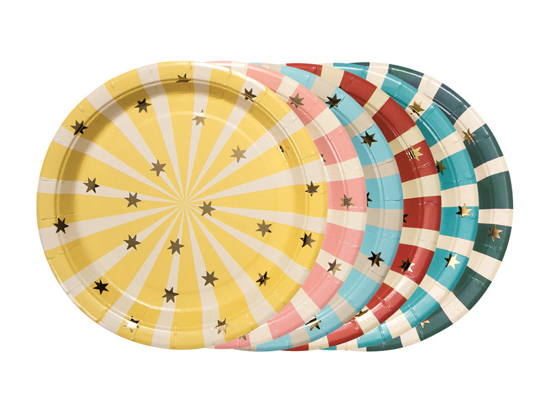 colorful striped circus theme paper plates for carnival party