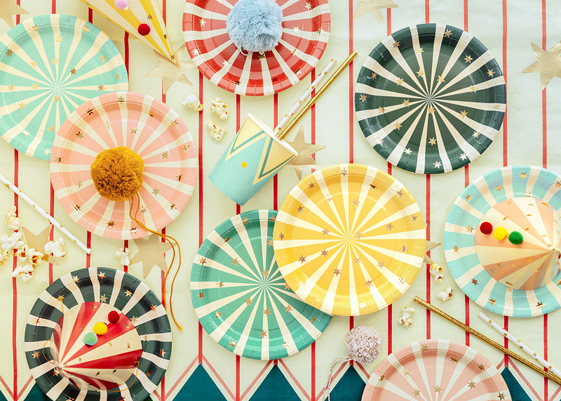 colorful striped circus theme paper plates for carnival party