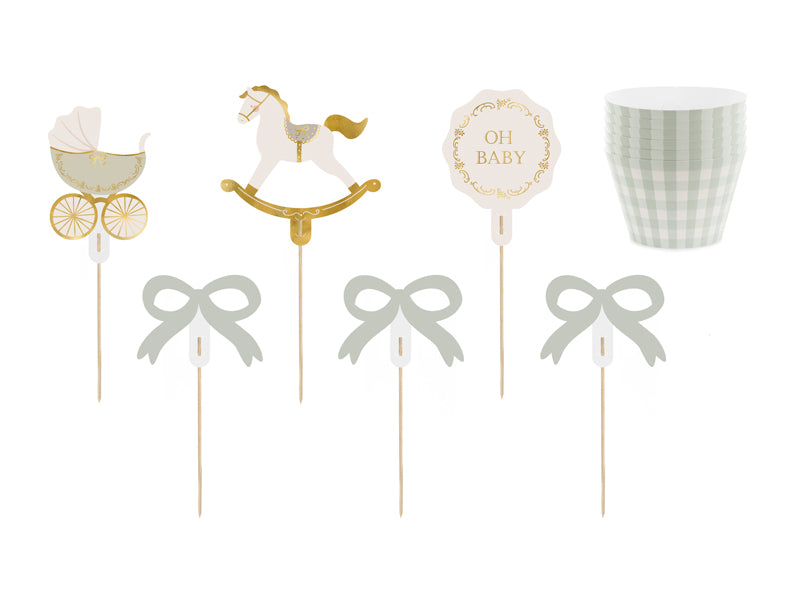 Oh Baby muffin and cupcake topper set with baby carriage, rocking horse, and bows