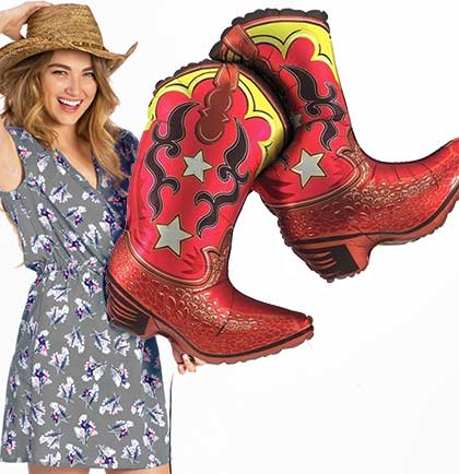 Brown dancing boots foil balloon with red and yellow details for western party decoration