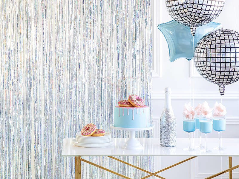 “Holographic foil curtain 3x8 ft with balloons”