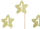 Gold glitter star-shaped cupcake toppers with number 1 for first birthday celebration

