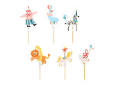 Colorful circus-themed cupcake toppers with clowns, animals, and tents for party decoration