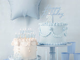 Misty blue acrylic Happy Birthday cake topper in soft script for elegant birthday decoration