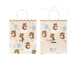 Cream gift bag with teddy bear pattern and handles for baby shower or birthday