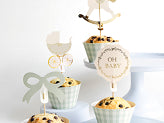 Oh Baby muffin and cupcake topper set with baby carriage, rocking horse, and bows