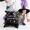 Witch-themed balloon setup with Hocus Pocus cauldron