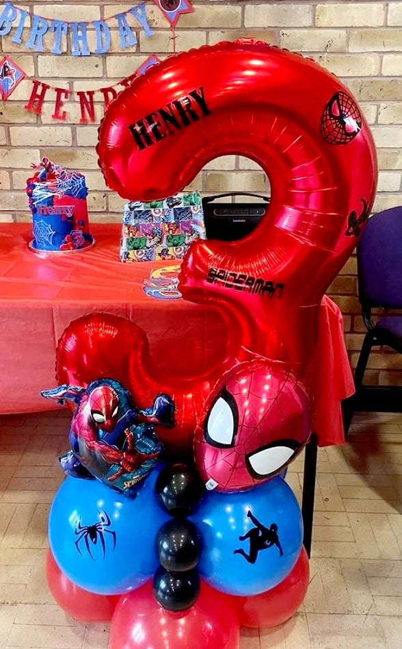 "Balloon bouquet with Spider-Man head and number balloon for birthday"