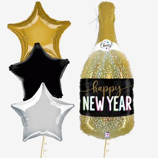 Happy New Year foil balloon shaped like a champagne bottle for New Year’s Eve decoration