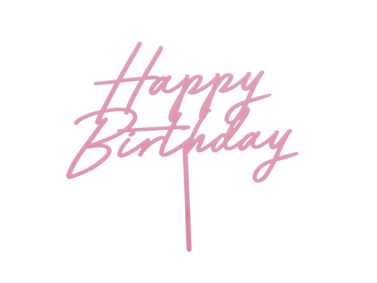 Light pink acrylic Happy Birthday cake topper in elegant script for pastel themed celebrations