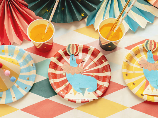 colorful striped circus theme paper plates for carnival party
