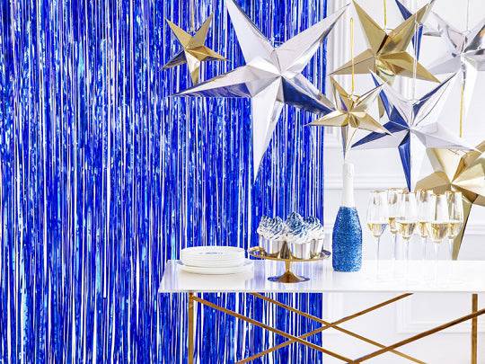 “Shiny blue curtain for party decoration”