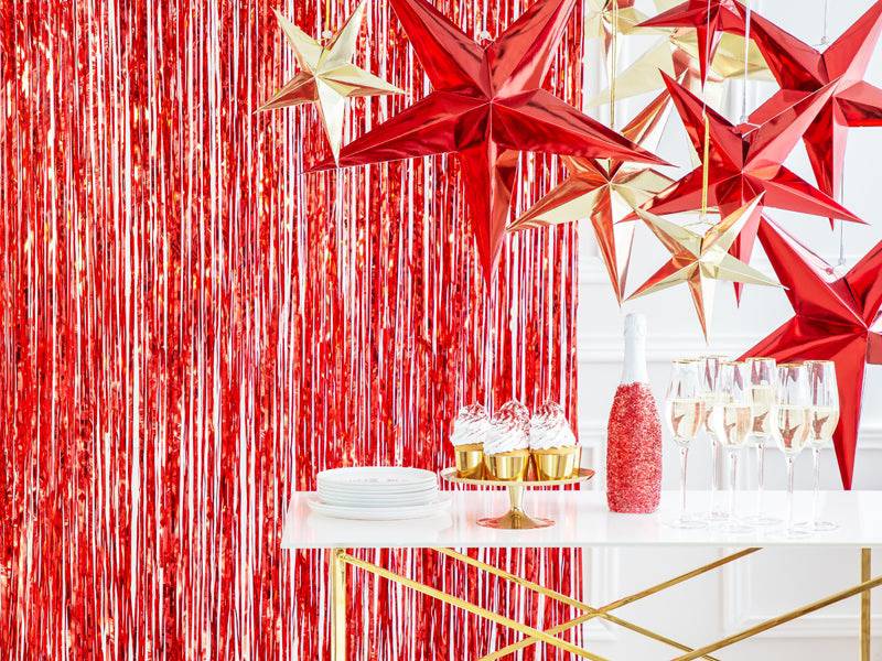 “Red foil curtain party decoration with stars”