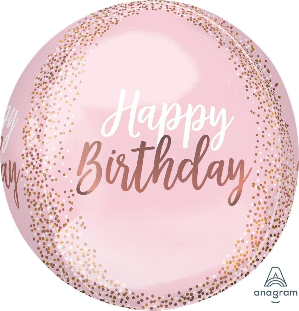 Blush Happy Birthday orbz foil balloon with rose gold glitter accents for birthday decoration