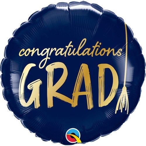 "Graduation balloon with bold gold GRAD lettering and tassel on blue background"