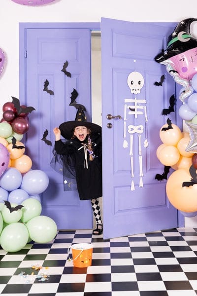 "Friendly skeleton decoration for kids’ Halloween party"