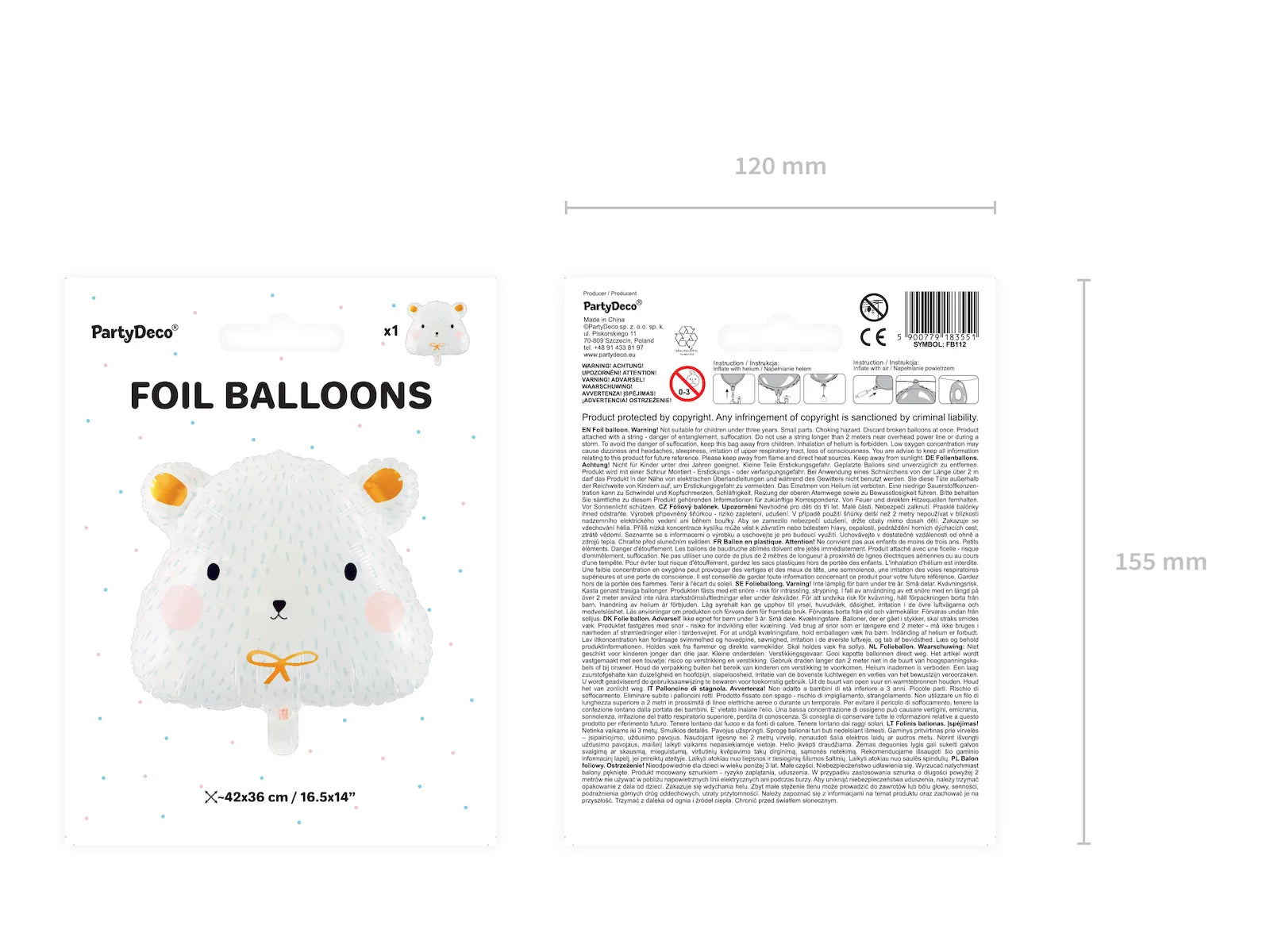 Foil Balloon Polar Bear, 20.1 x 17.7 in, mix